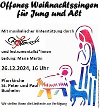 Einladung zu offenen Weihnachtslieder-Singen am 26.12.24 in Buxheim